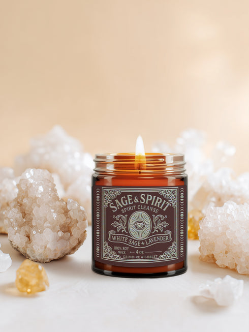 A high-quality studio photograph of the Grimoire & Goblet White Sage & Lavender candle. The 9 oz or 4 oz amber-colored glass jar is cylindrical with a smooth, black metal lid. The ornate, detailed label features the brand's name, 'Sage & Spirit,' an all-seeing eye, and the scent notes 'White Sage + Lavender.' The 100% soy wax blend and cotton wick are visible, crafted for a long-burning, clean, and elegant home fragrance. This piece of gothic home decor is a spiritual tool for energy cleansing.
